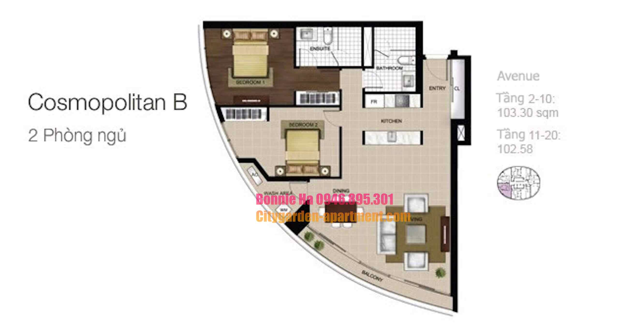 batch Mặt bằng căn hộ 2 phòng ngủ Cosmopolitan B chung cư City Garden quận bình thạnh tháp Avanue