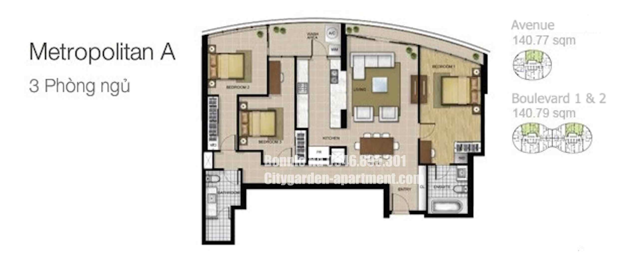 batch Mặt bằng căn hộ 3 phòng ngủ Metropolitan A chung cư City Garden quận bình thạnh tháp Avanue