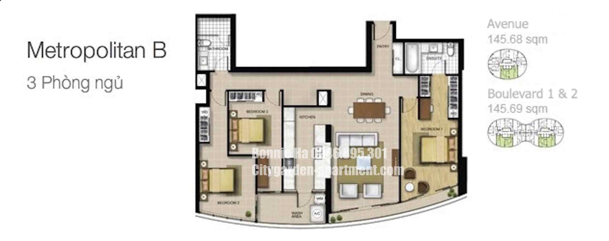 batch Mặt bằng căn hộ 3 phòng ngủ Metropolitan B chung cư City Garden quận bình thạnh tháp Avanue